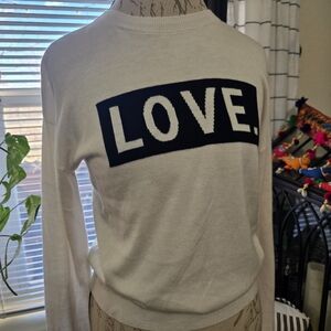 Classic White Crewneck Sweater with LOVE Design Cashmere Blend Preppy Casual